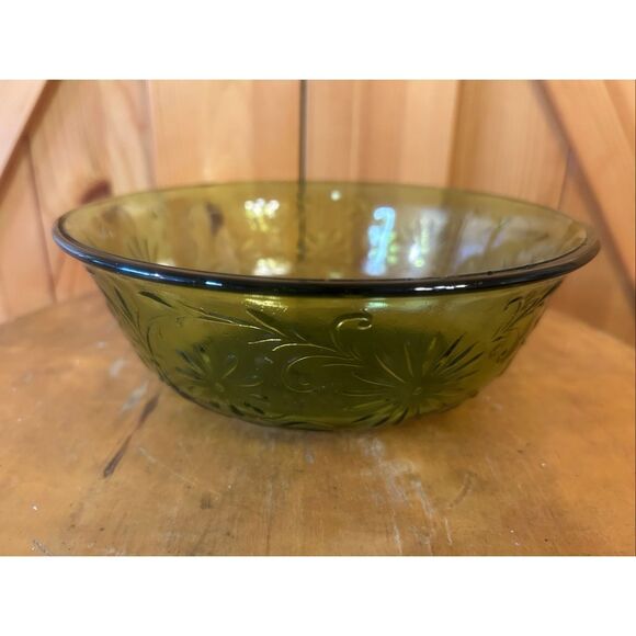 Vintage Indiana Glass Company Glass Green Daisy Pattern Bowl 7.5" x 2.75", 1970s - Picture 3 of 11